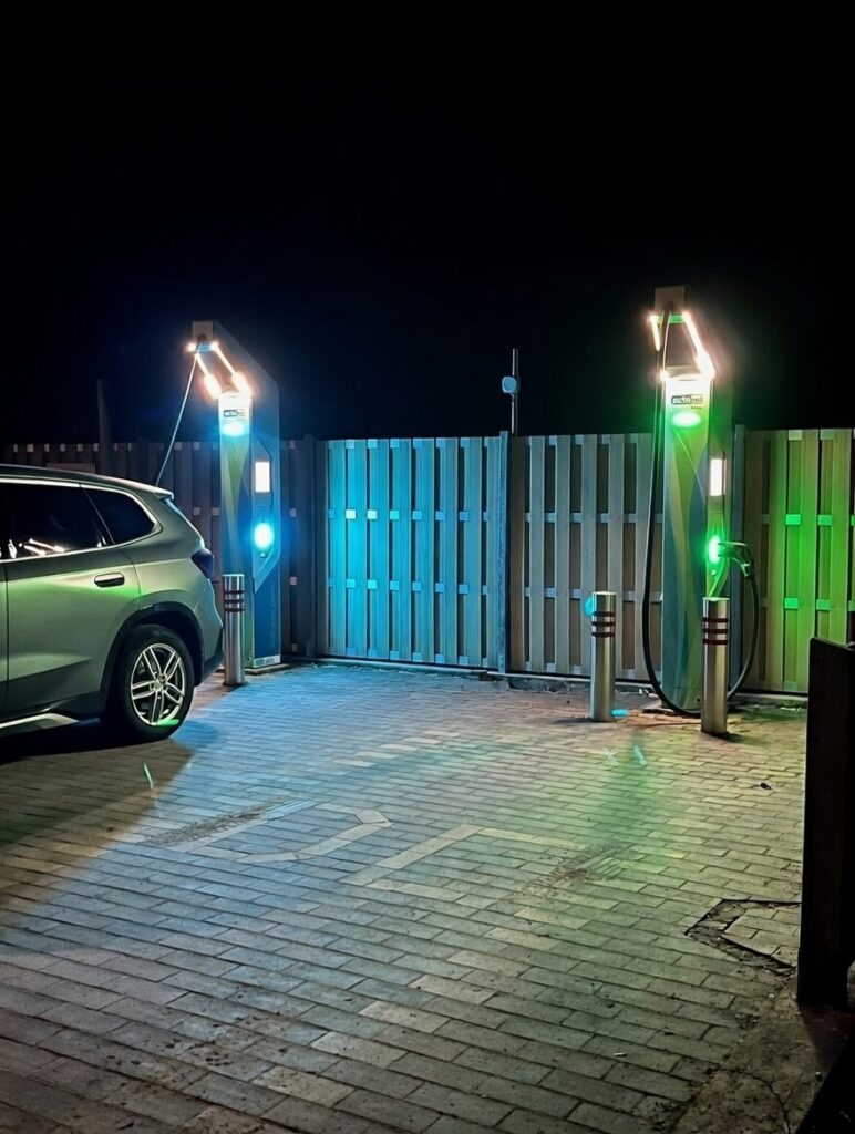 E-Auto-Ladestation - Parkplatz bei Nacht mit Beleuchtung